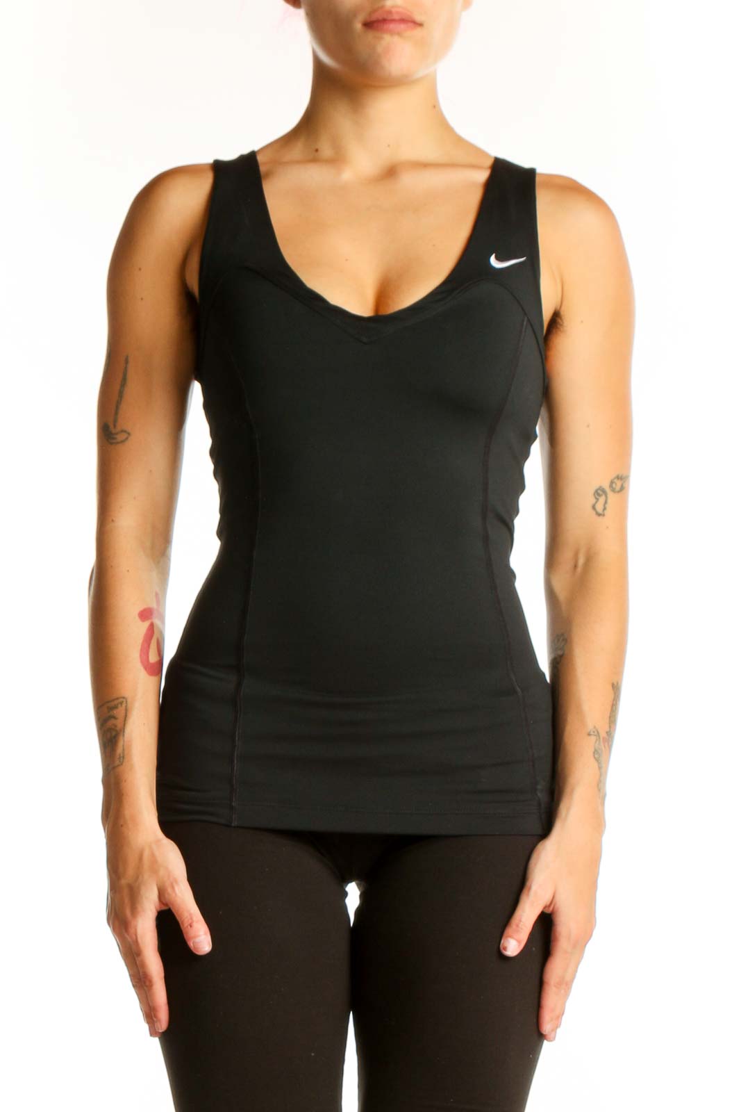 Front view of black Nike performance tank top with V-neck