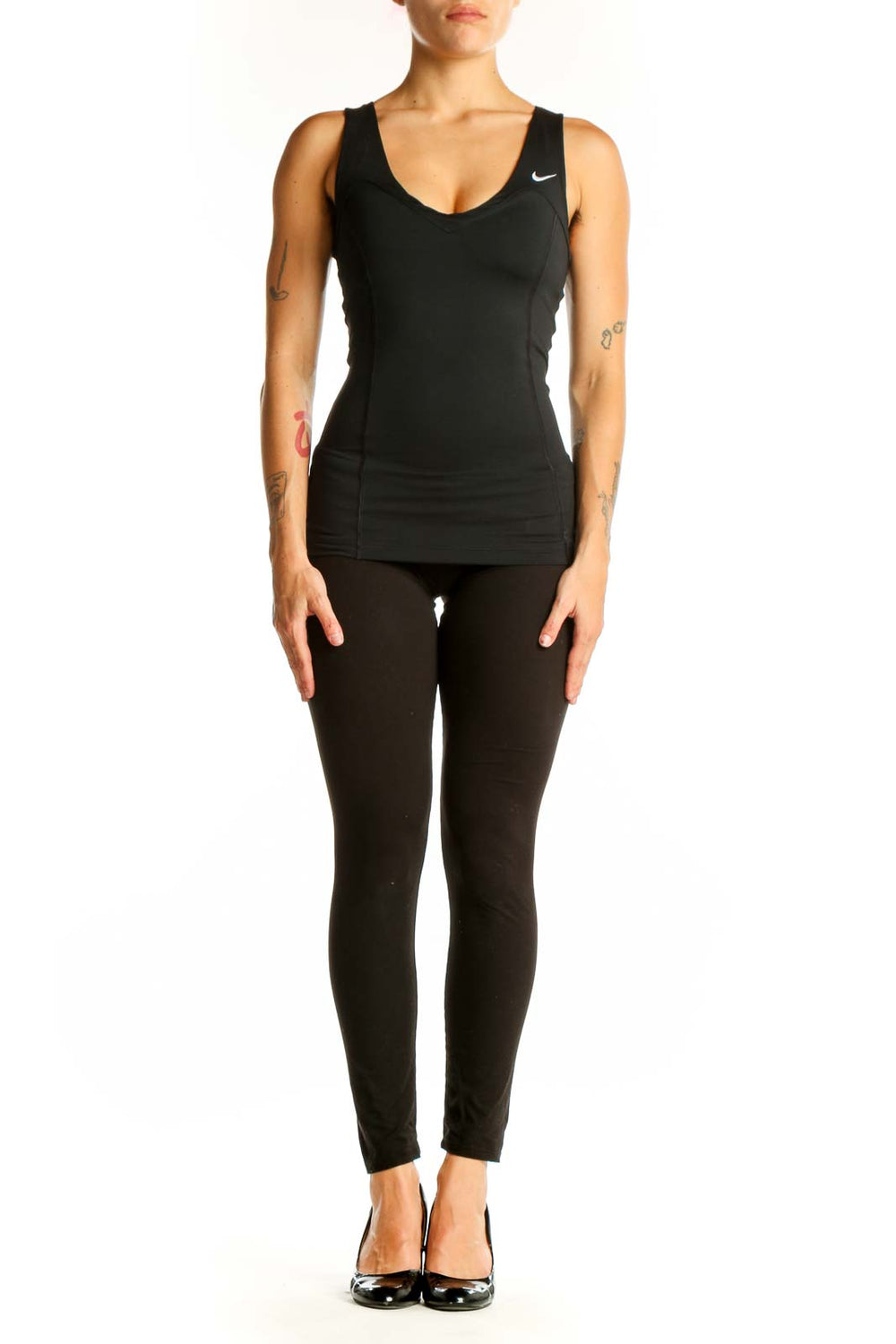 Front view of black Nike performance tank top with V-neck