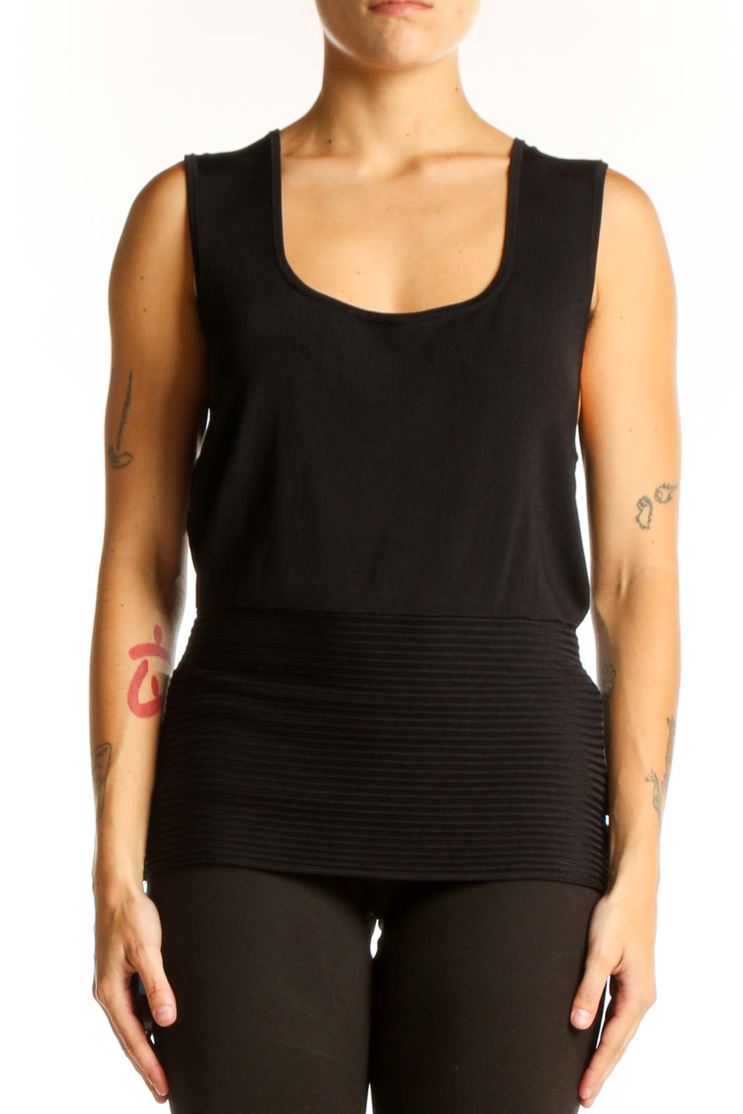 Front view of black BCBG MaxAzria sleeveless ribbed tank top