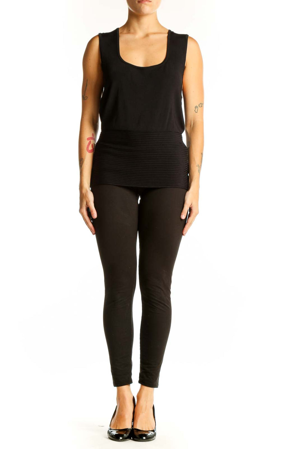 Front view of black BCBG MaxAzria sleeveless ribbed tank top