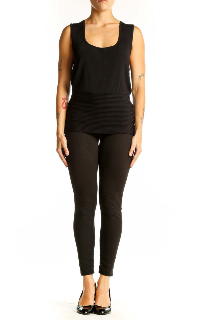 Front view of black BCBG MaxAzria sleeveless ribbed tank top