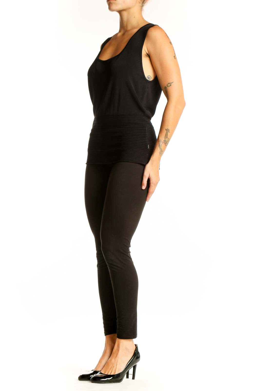 Front view of black BCBG MaxAzria sleeveless ribbed tank top