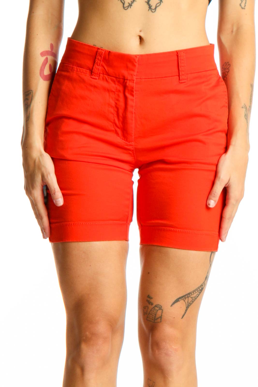 Front view of red J.Crew cotton chino shorts on model