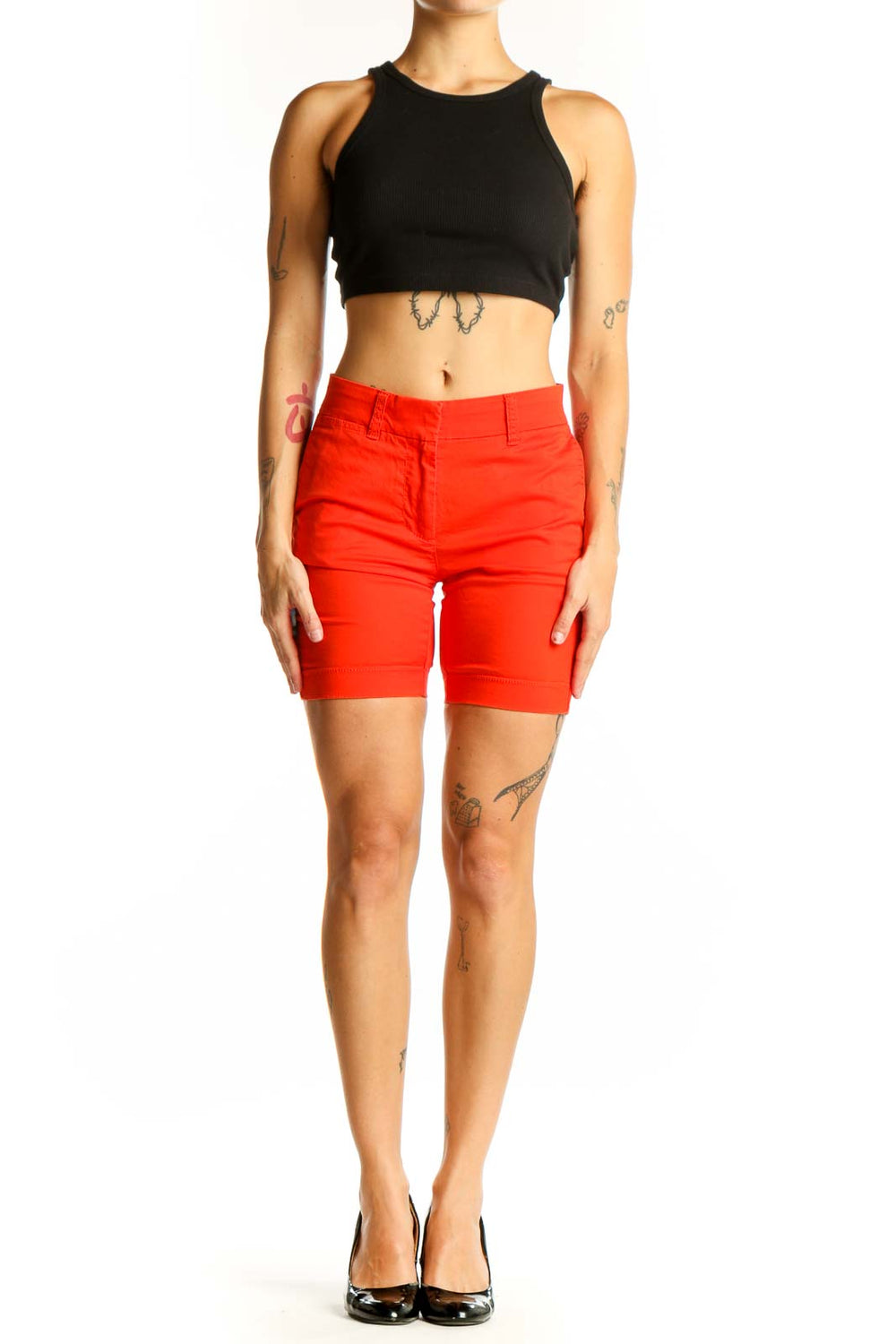 Front view of red J.Crew cotton chino shorts on model