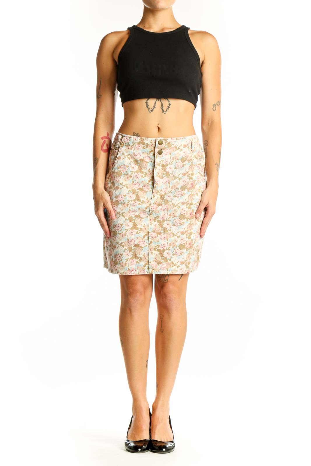 Front view of Beyond Retro beige floral print pencil skirt