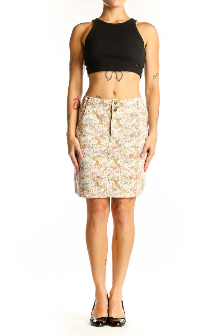 Front view of Beyond Retro beige floral print pencil skirt