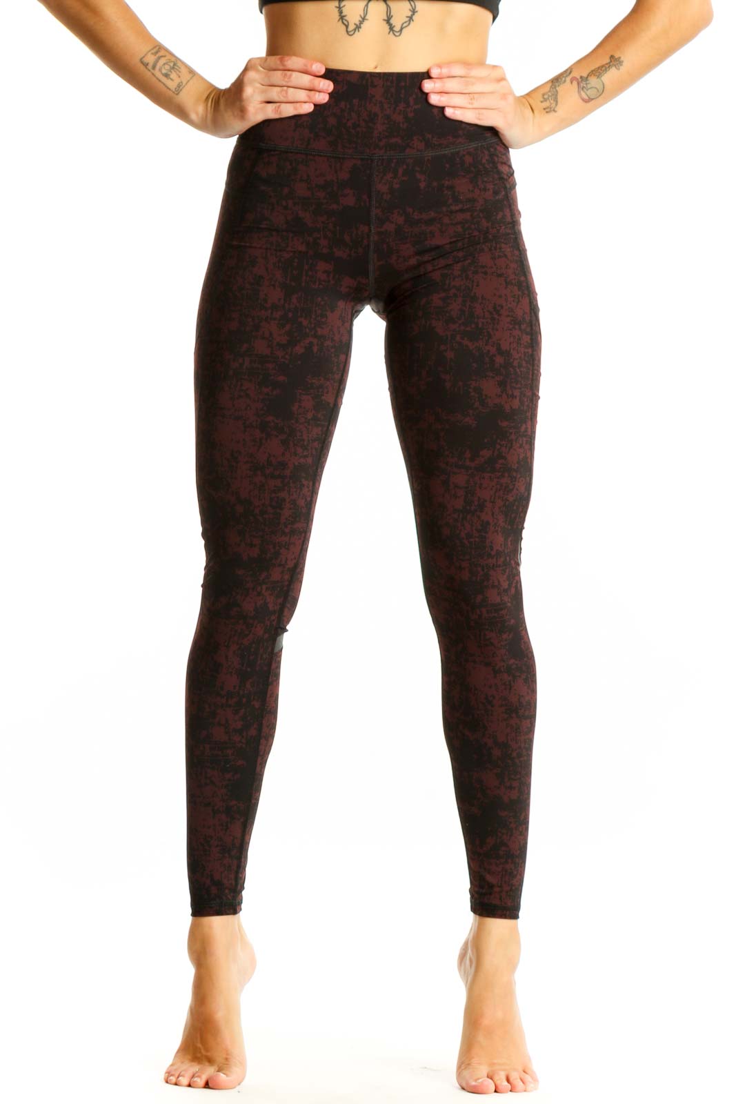 Front view of Sweaty Betty burgundy textured high-waist workout leggings