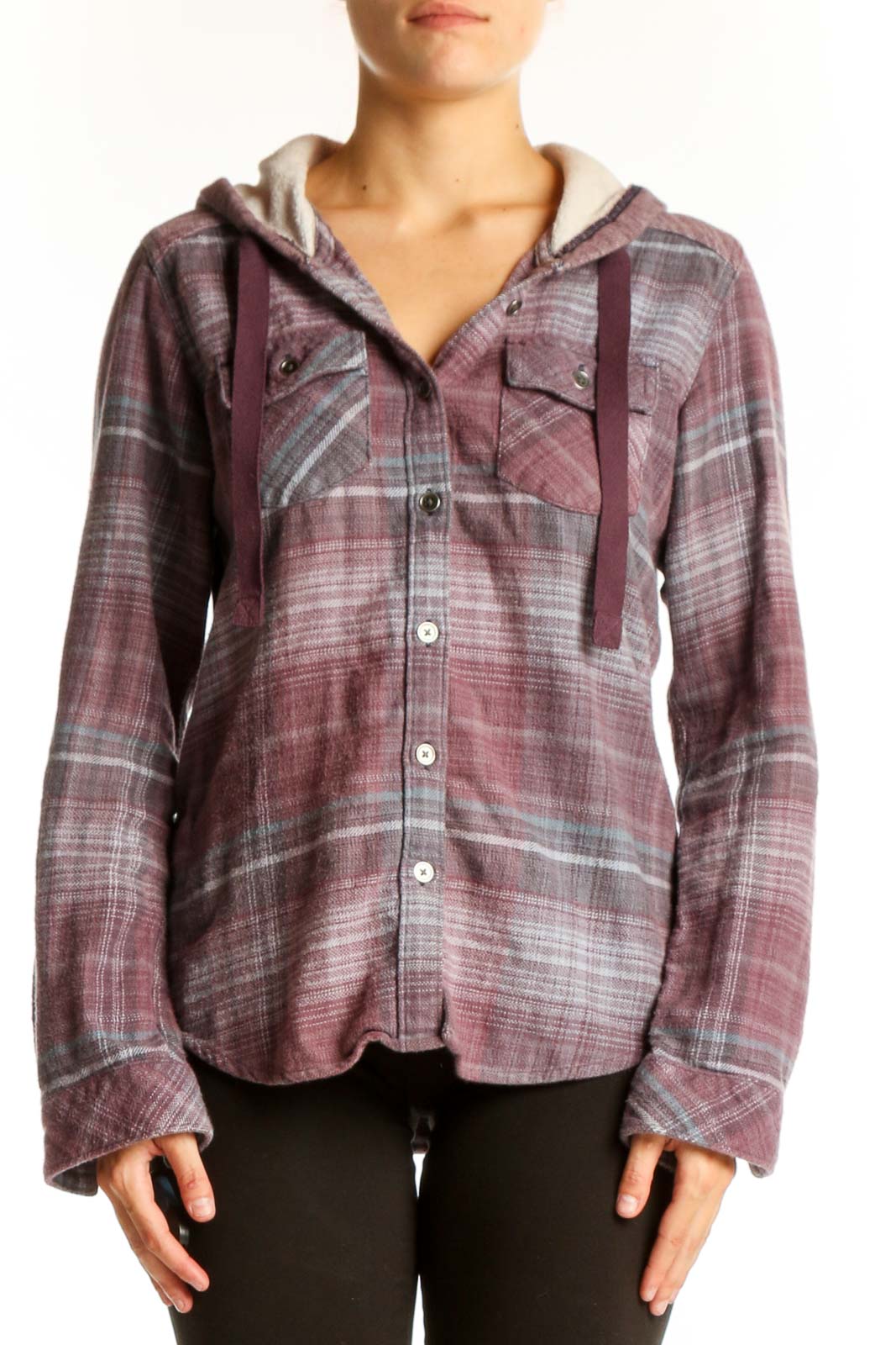 Front view of Columbia burgundy plaid hooded flannel shirt