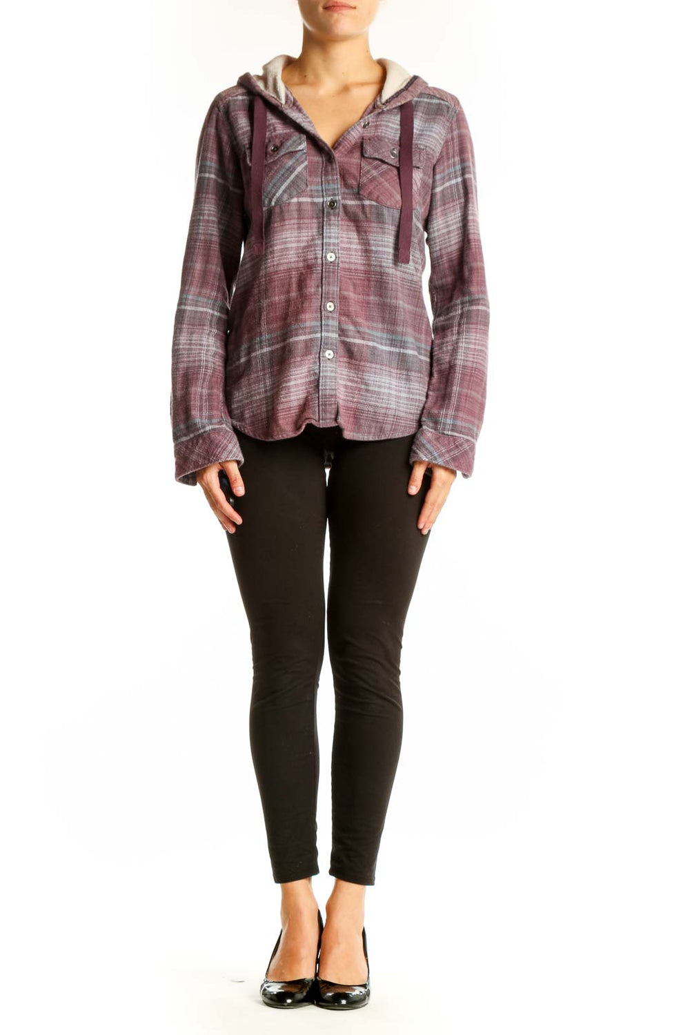 Front view of Columbia burgundy plaid hooded flannel shirt