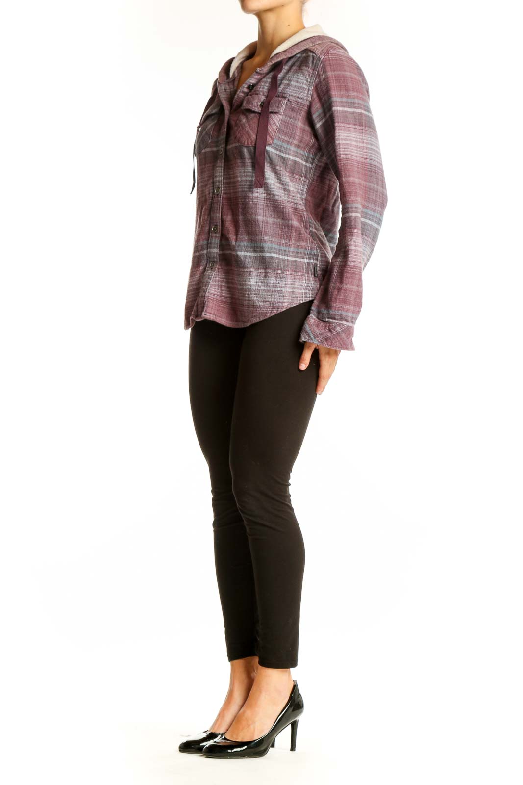 Front view of Columbia burgundy plaid hooded flannel shirt