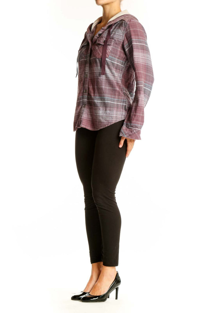 Front view of Columbia burgundy plaid hooded flannel shirt