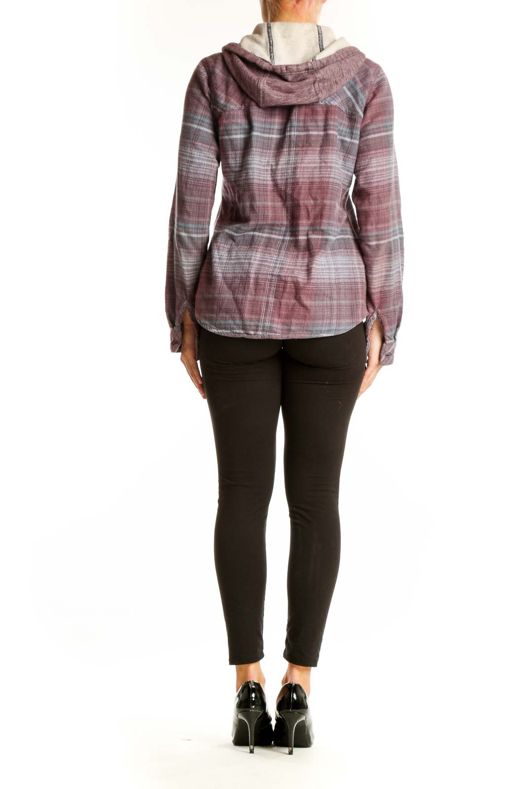 Back view of Columbia burgundy plaid hooded flannel shirt on model