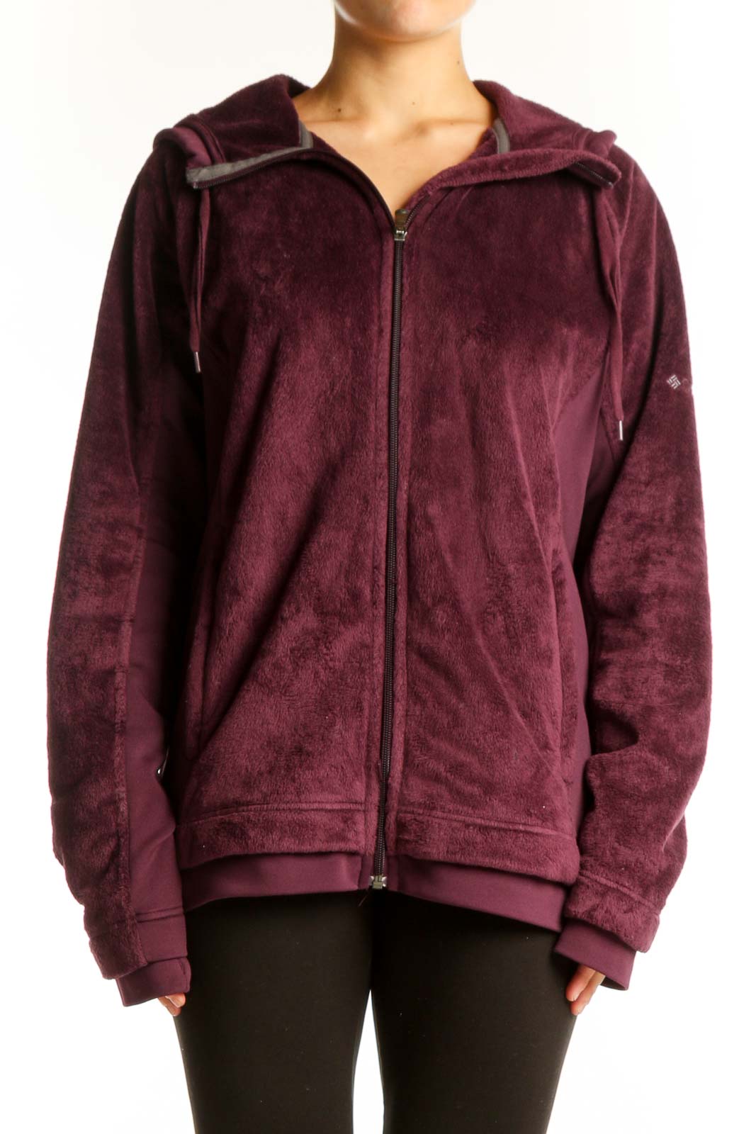 Front view of burgundy Columbia fleece zip-up hoodie with full-length zipper