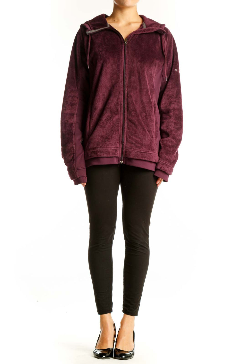 Front view of burgundy Columbia fleece zip-up hoodie with full-length zipper