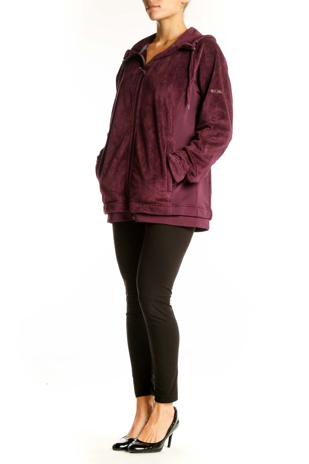 Front view of burgundy Columbia fleece zip-up hoodie with full-length zipper