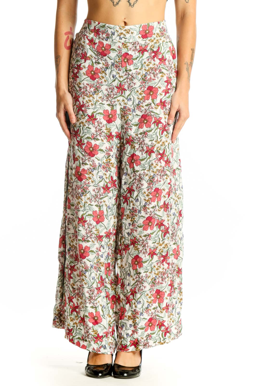 Front view of Jessica Simpson floral viscose palazzo pants with wide legs
