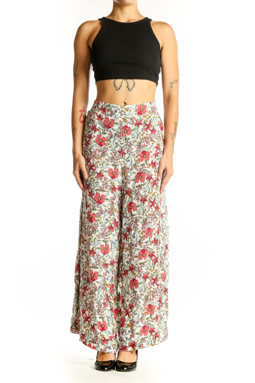 Front view of Jessica Simpson floral viscose palazzo pants with wide legs