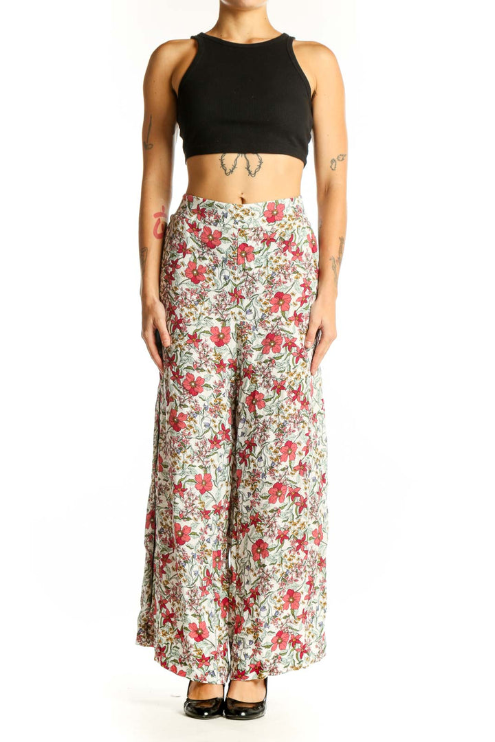 Front view of Jessica Simpson floral viscose palazzo pants with wide legs