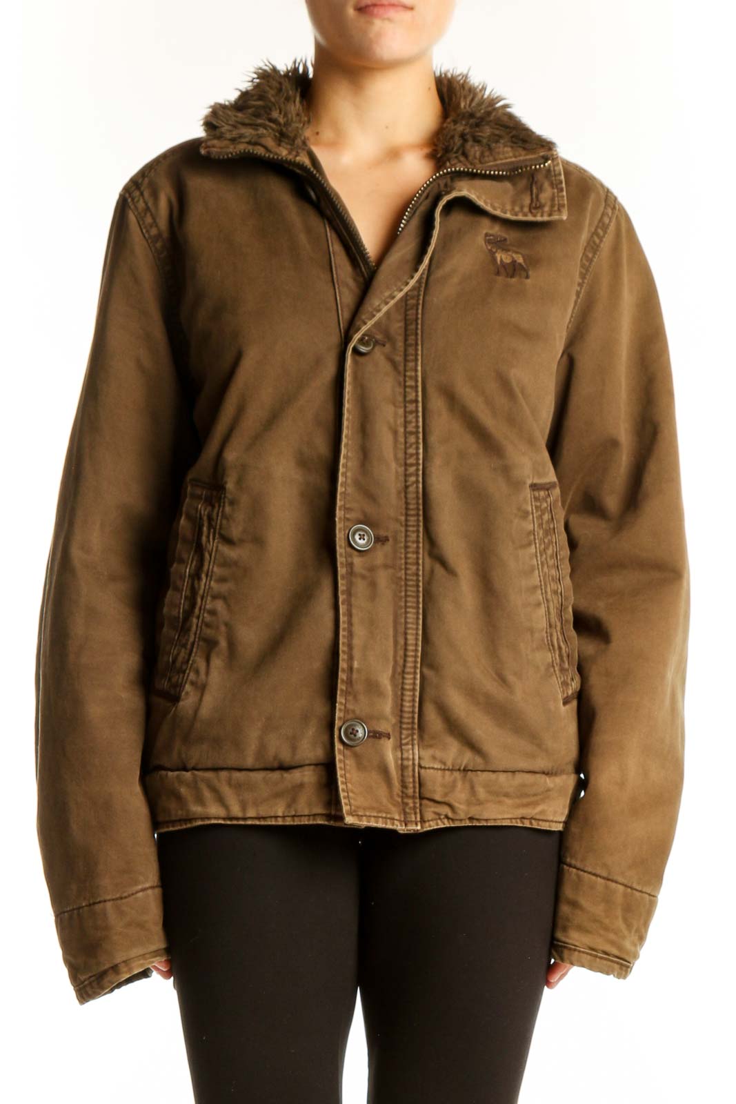 Front view of brown Abercrombie & Fitch utility jacket with faux fur collar