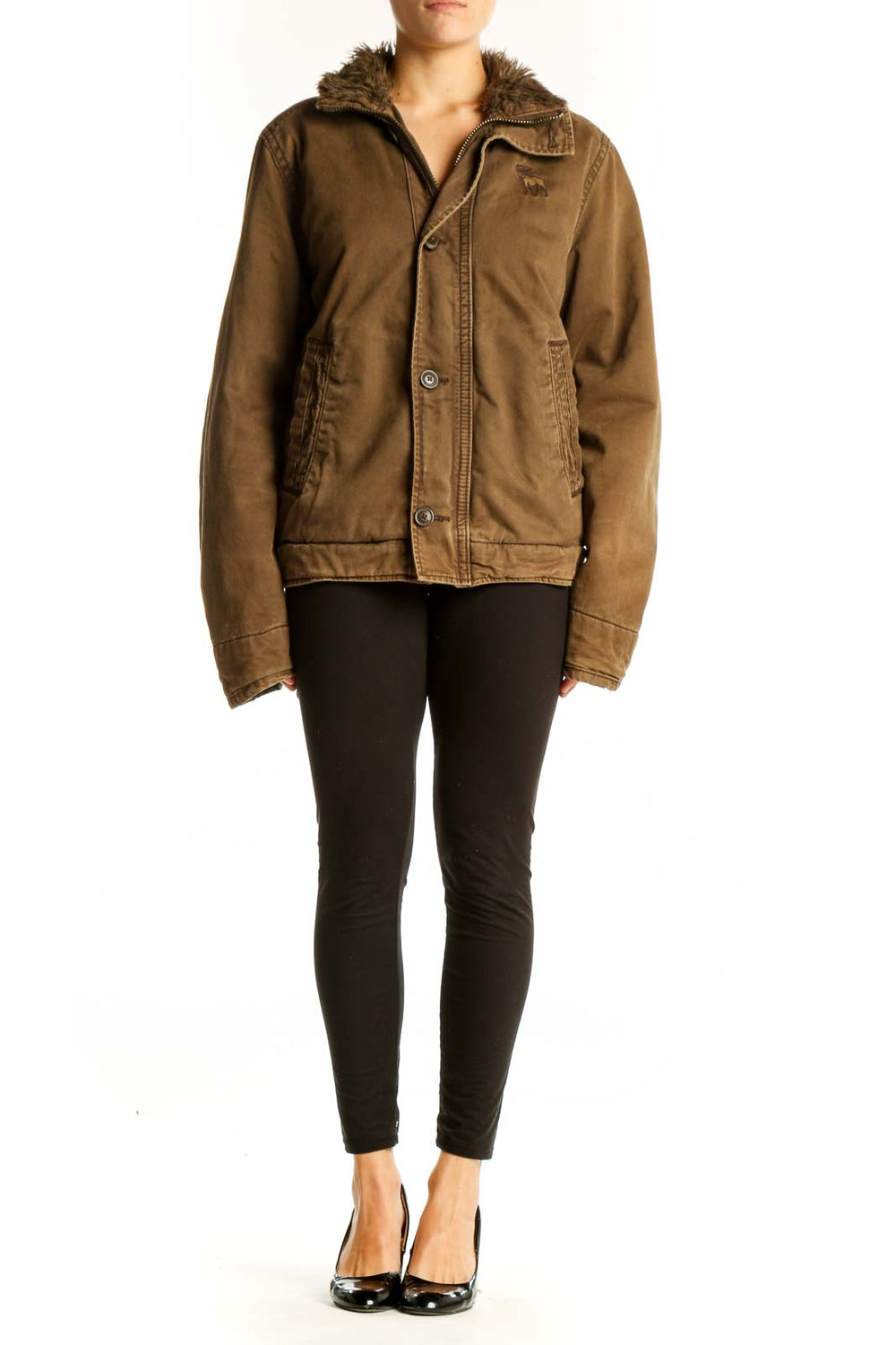 Front view of brown Abercrombie & Fitch utility jacket with faux fur collar