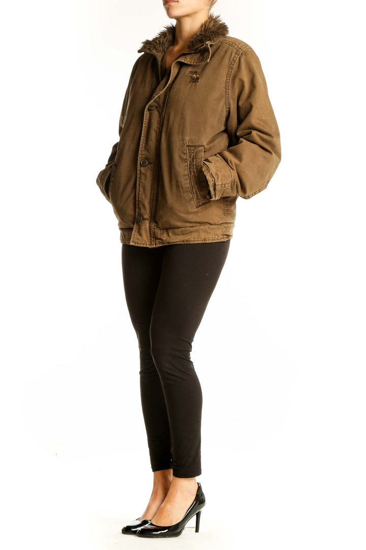 Front view of brown Abercrombie & Fitch utility jacket with faux fur collar