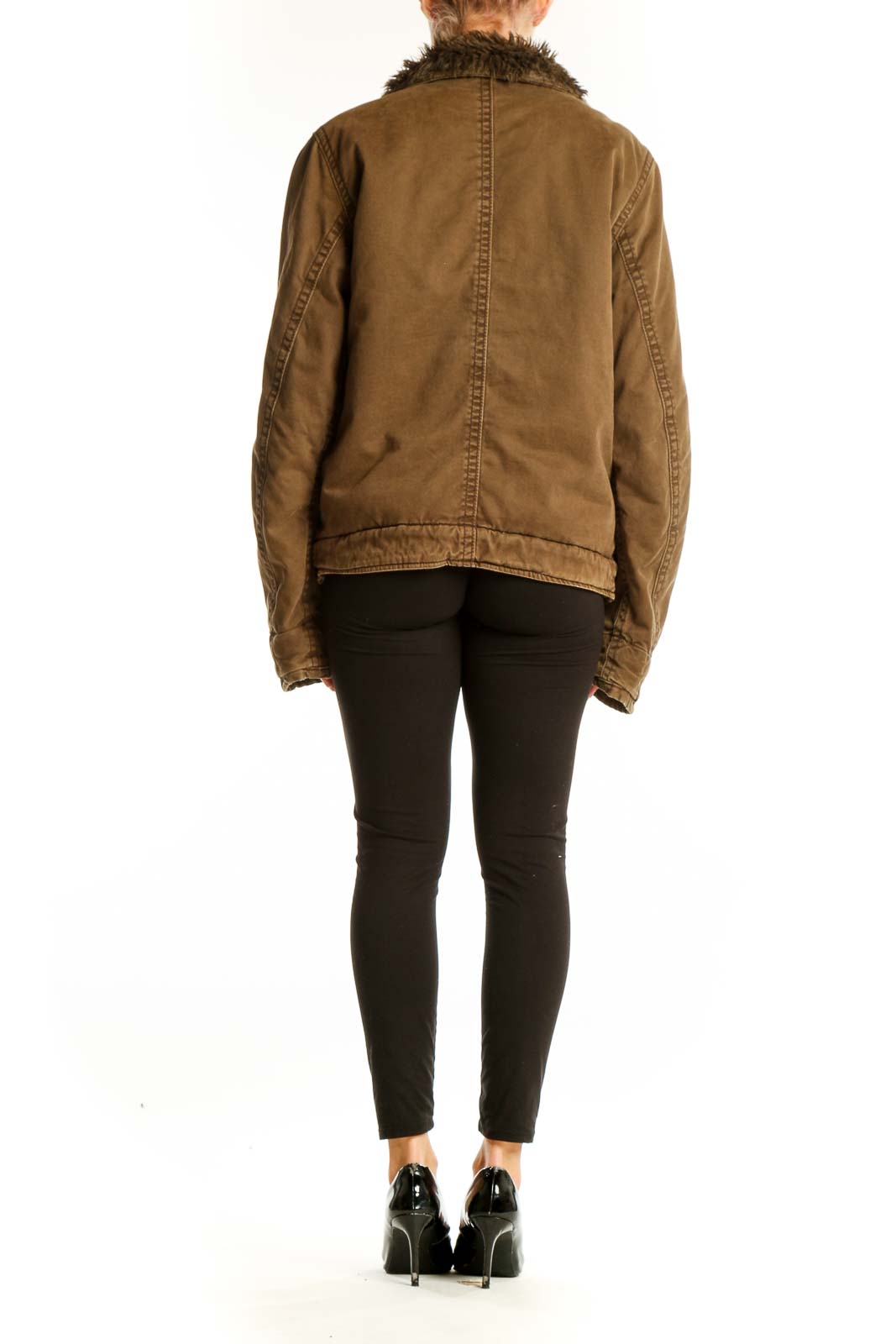 Side view of person wearing brown Abercrombie & Fitch utility jacket