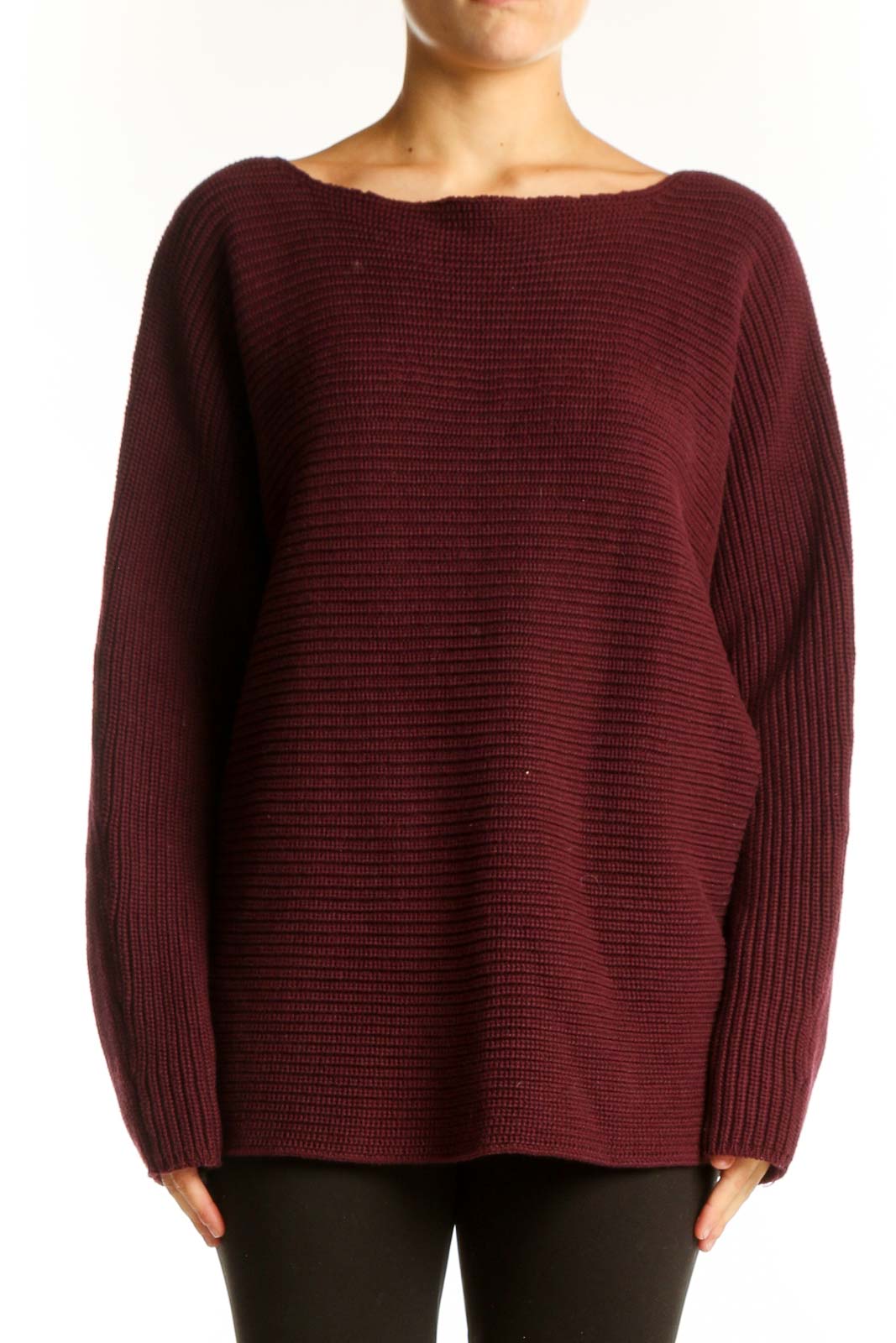 Front view of burgundy ribbed cotton oversized sweater by Lauren Ralph Lauren