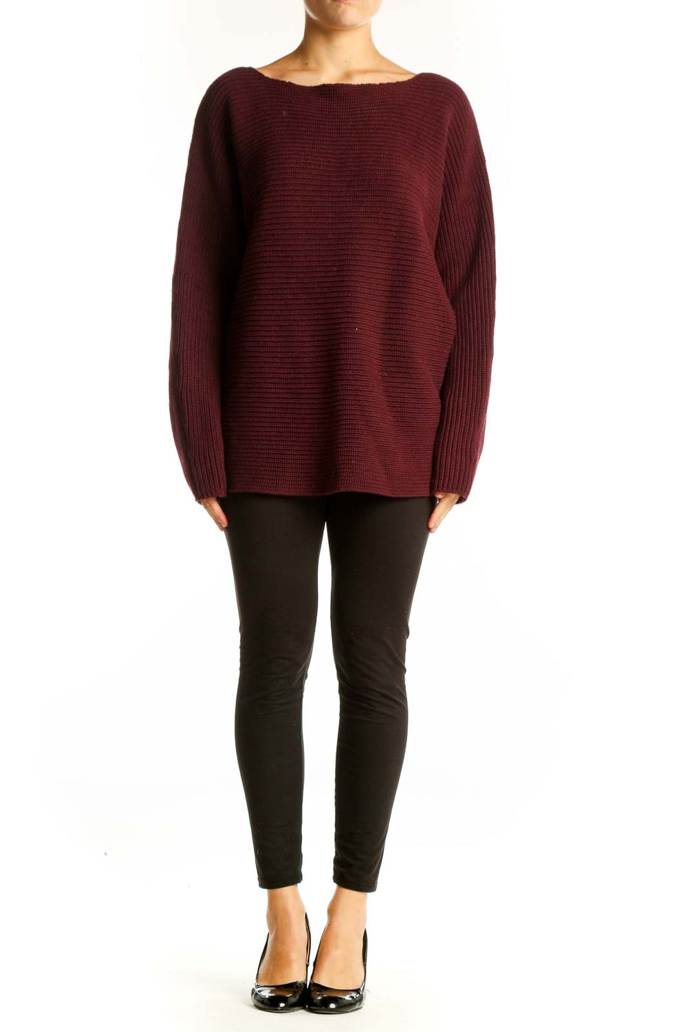 Front view of burgundy ribbed cotton oversized sweater by Lauren Ralph Lauren
