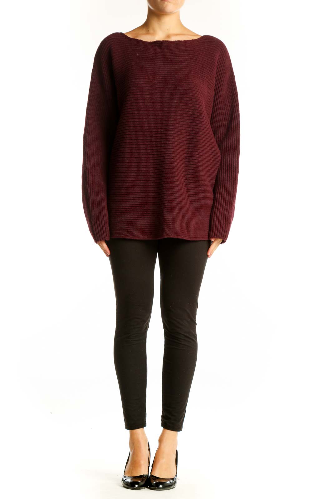 Front view of burgundy ribbed cotton oversized sweater by Lauren Ralph Lauren