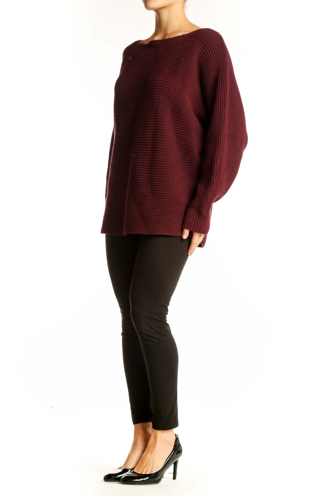Front view of burgundy ribbed cotton oversized sweater by Lauren Ralph Lauren