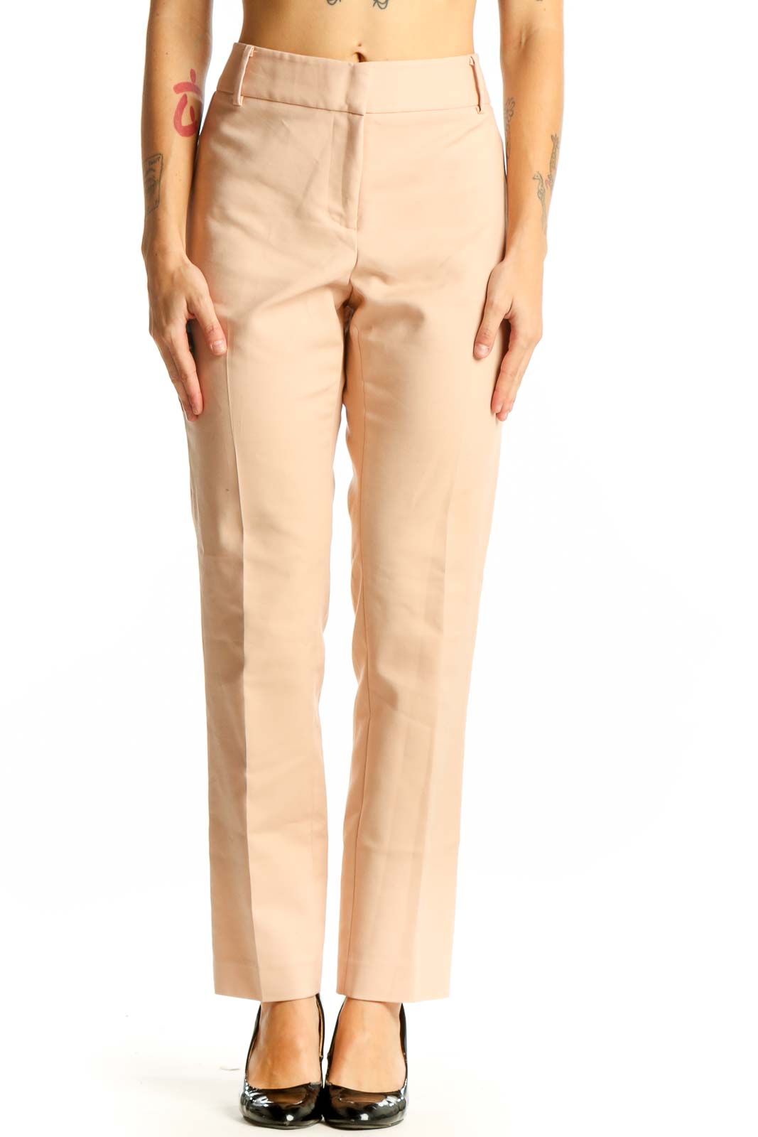 Front view of Chaus beige straight-leg trousers on model