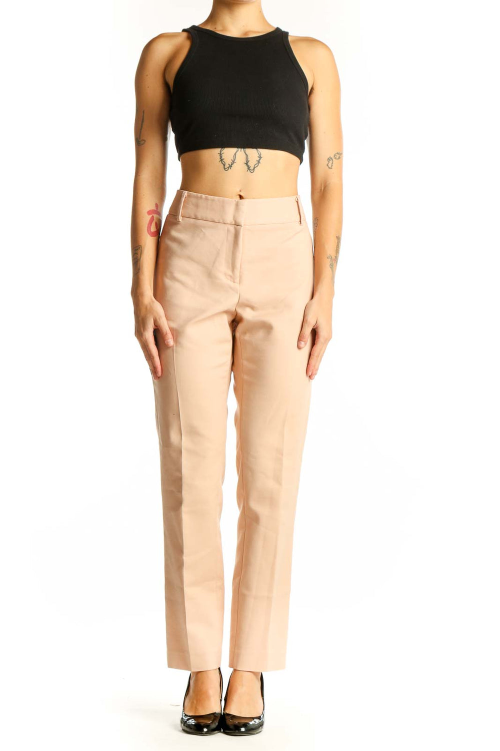 Front view of Chaus beige straight-leg trousers on model