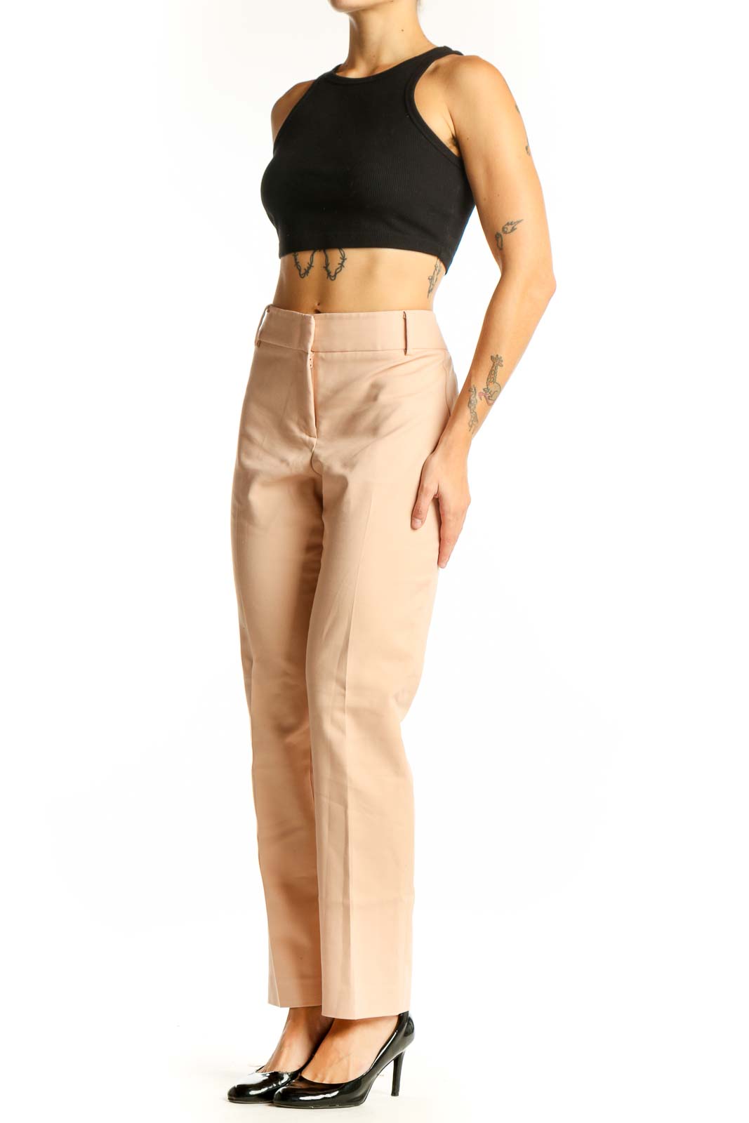 Front view of Chaus beige straight-leg trousers on model