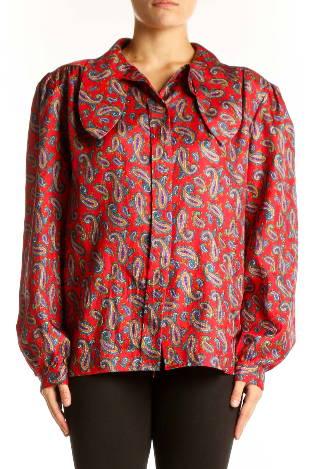 Front view of Laura & Jayne red paisley print button-up blouse