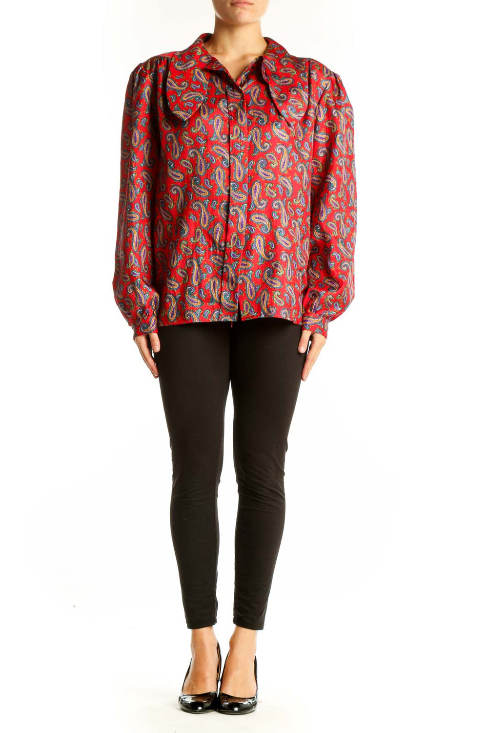Front view of Laura & Jayne red paisley print button-up blouse