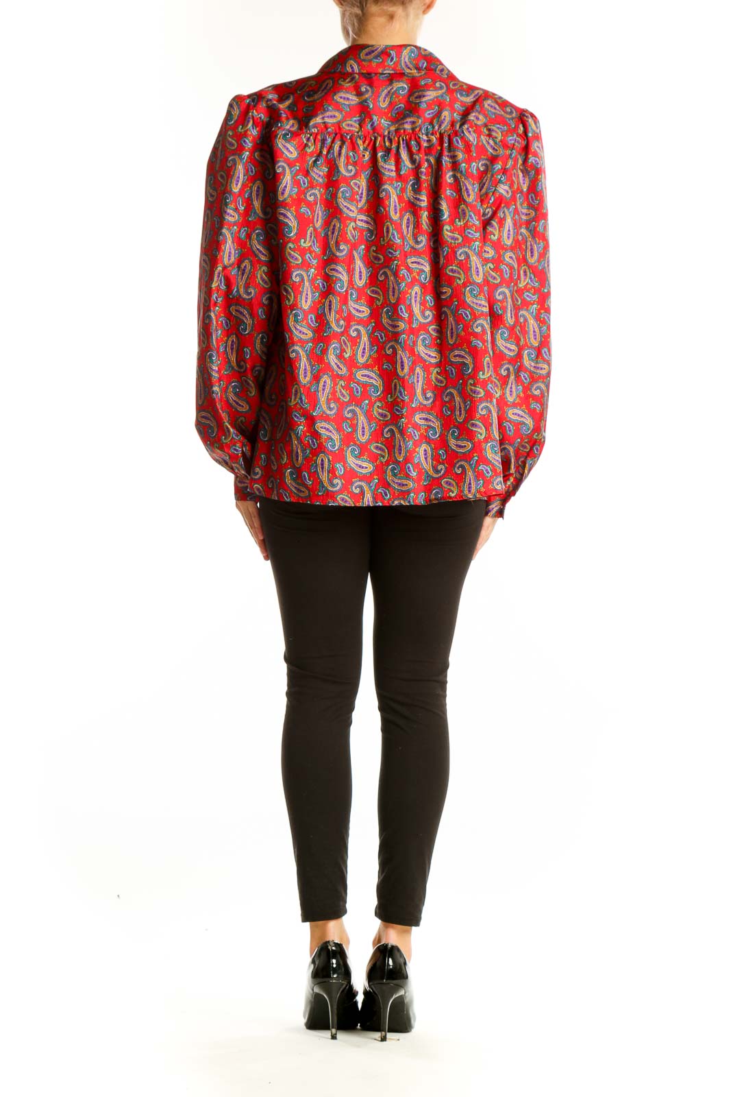 Back view of Laura & Jayne red paisley print button-up blouse