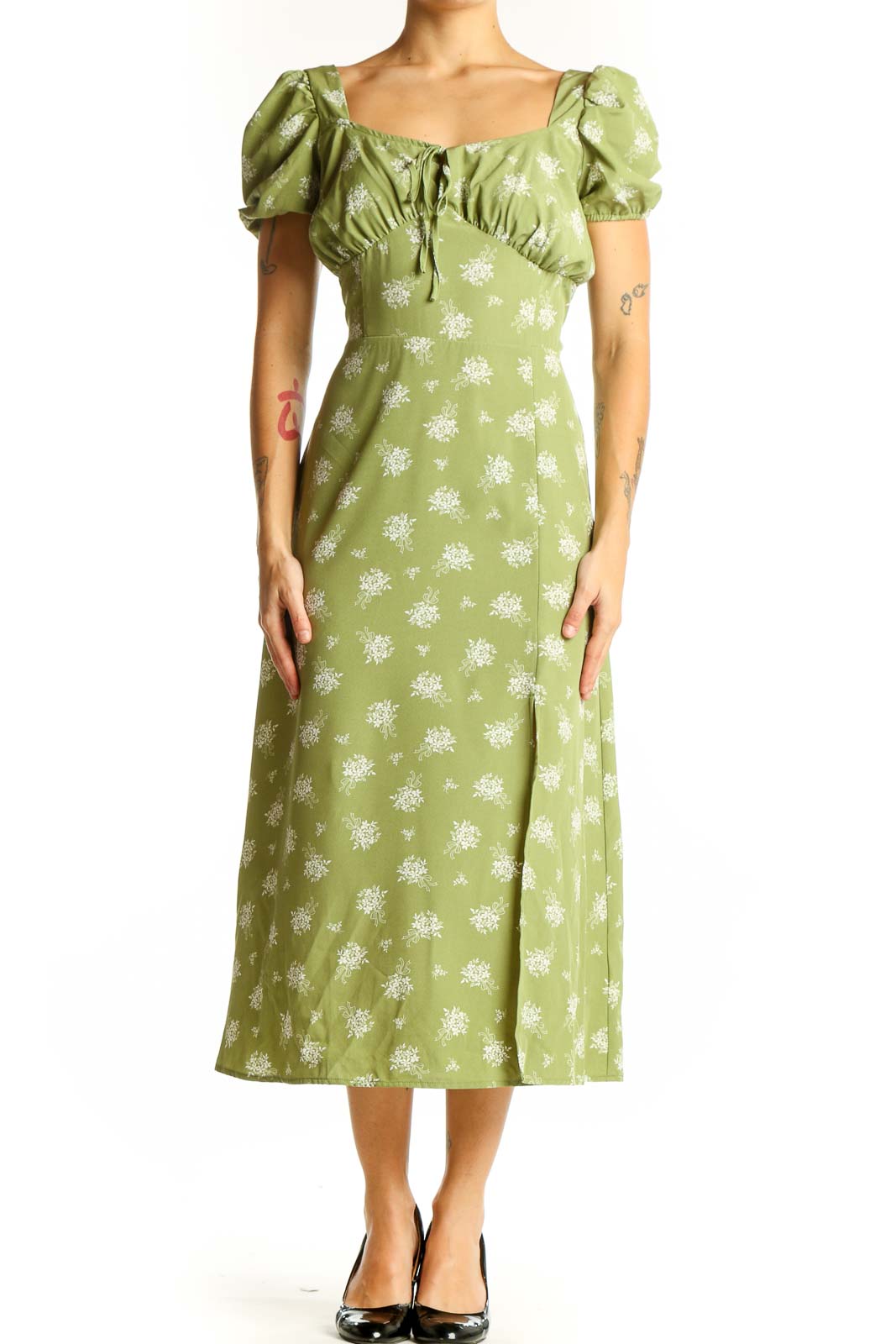 Front view of green floral midi dress with puff sleeves and square neckline