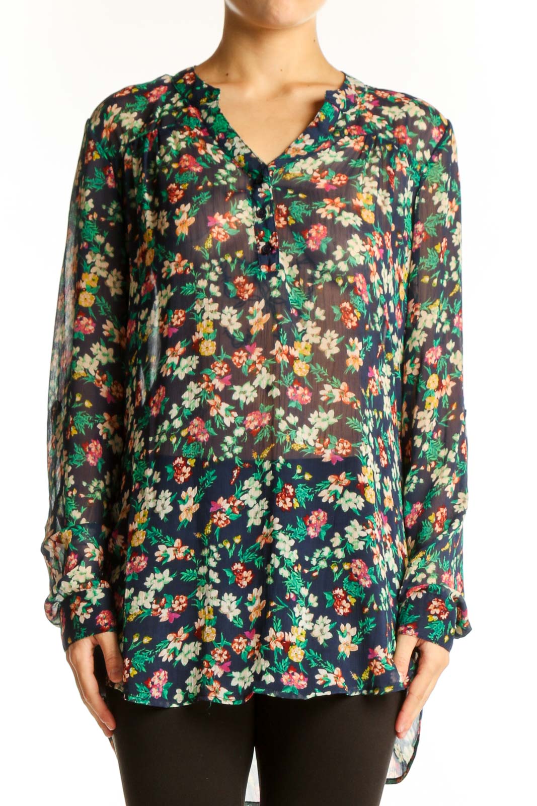Front view of Mossimo Supply & Co multicolor floral long sleeve blouse with V-neck