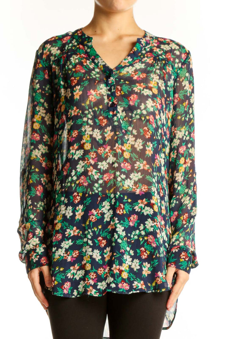 Front view of Mossimo Supply & Co multicolor floral long sleeve blouse with V-neck