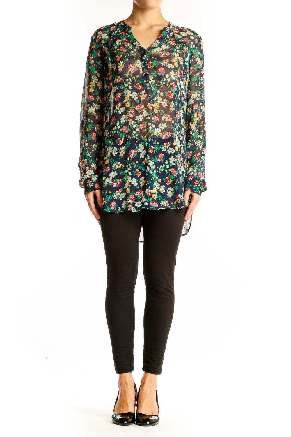 Front view of Mossimo Supply & Co multicolor floral long sleeve blouse with V-neck