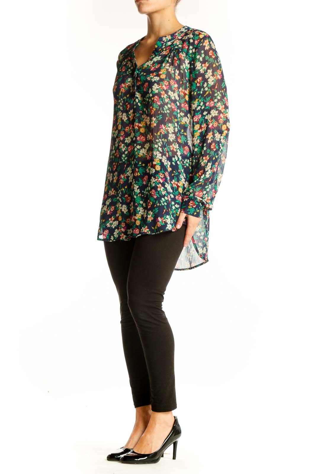 Front view of Mossimo Supply & Co multicolor floral long sleeve blouse with V-neck