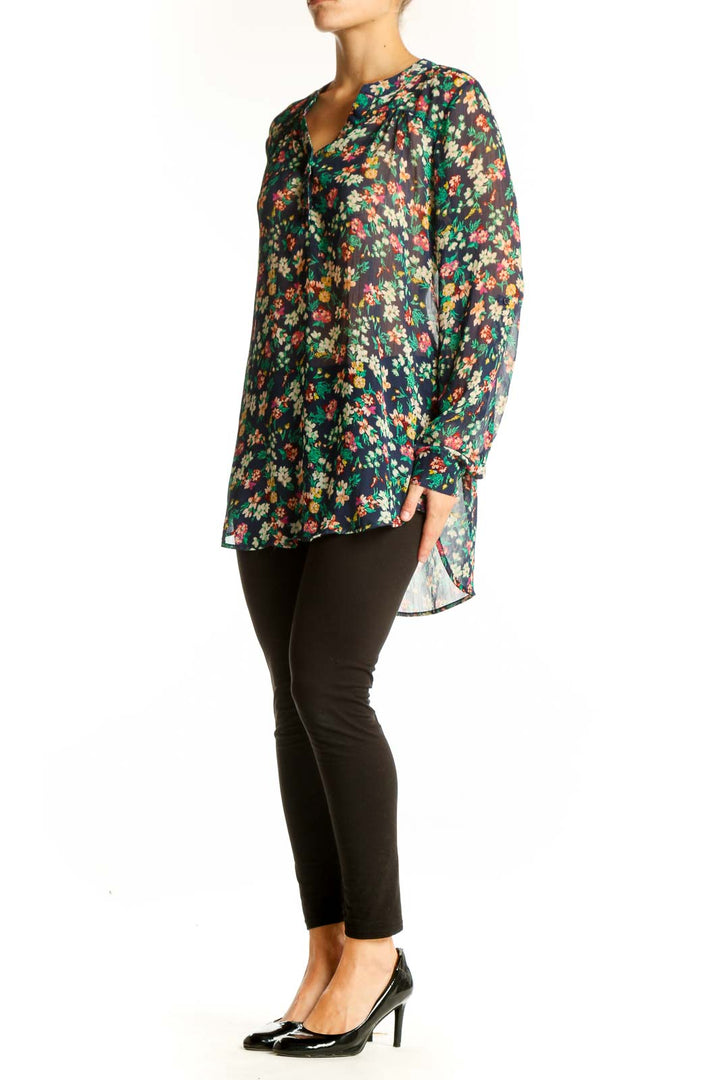 Front view of Mossimo Supply & Co multicolor floral long sleeve blouse with V-neck
