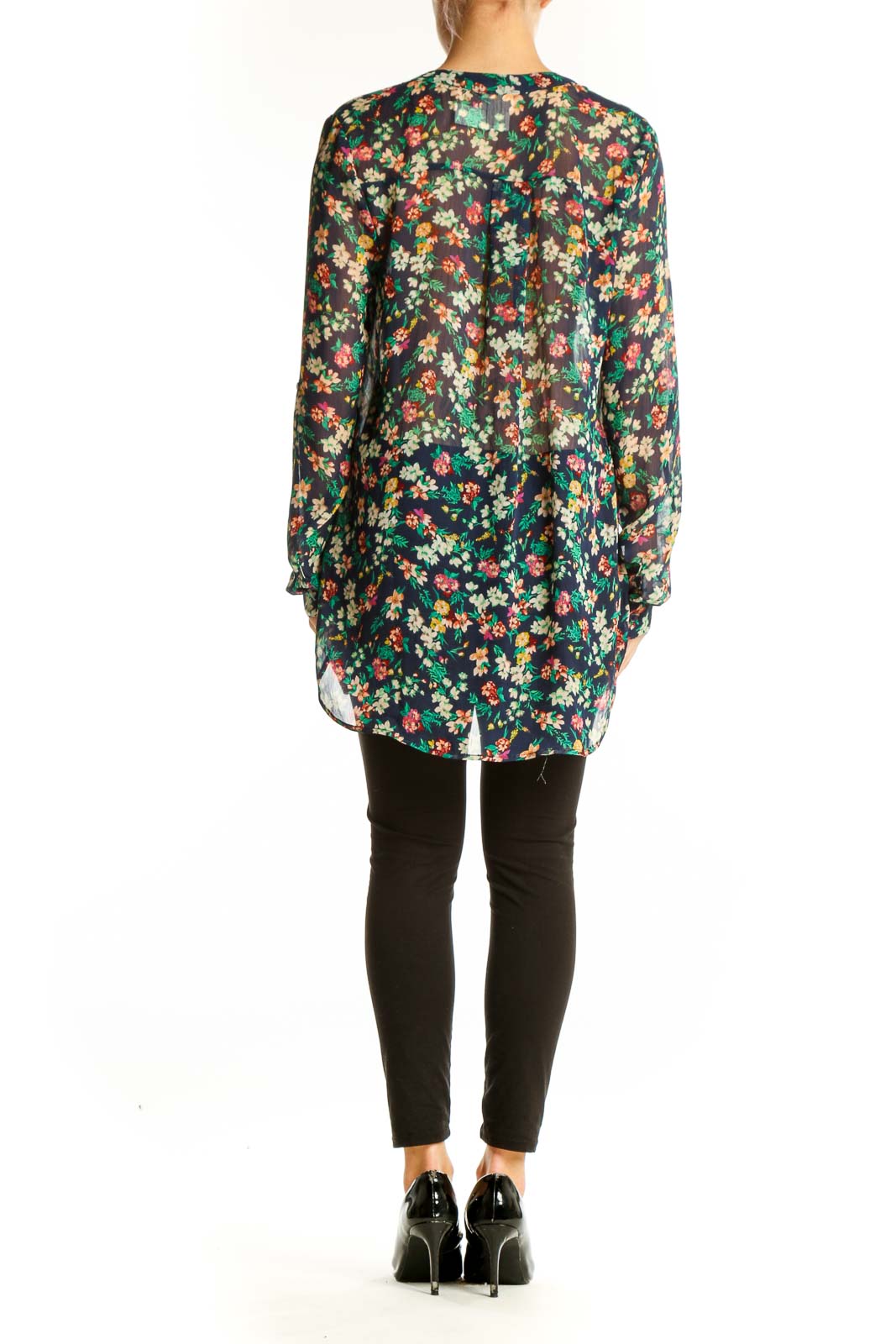 Back view of Mossimo Supply & Co multicolor floral long sleeve blouse showing high-low hem