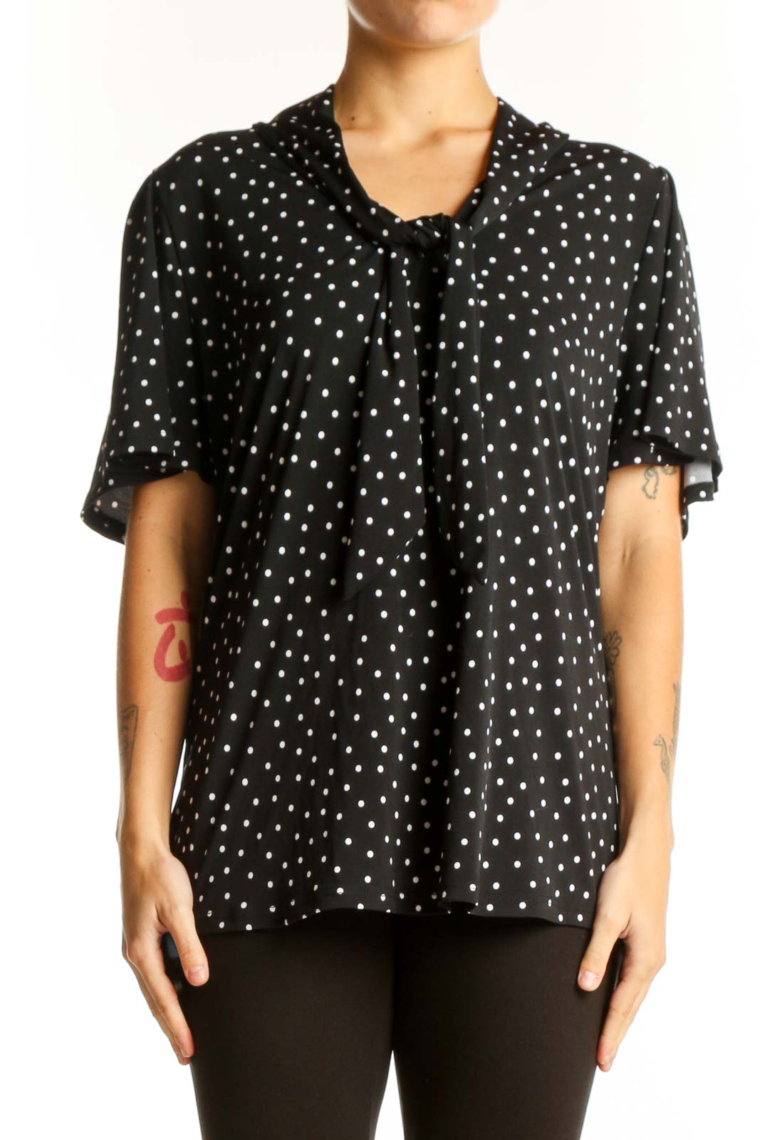 Front view of Beacon black polka dot blouse with V-neck tie