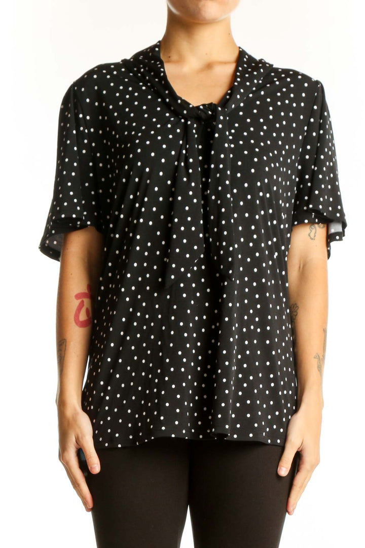 Front view of Beacon black polka dot blouse with V-neck tie