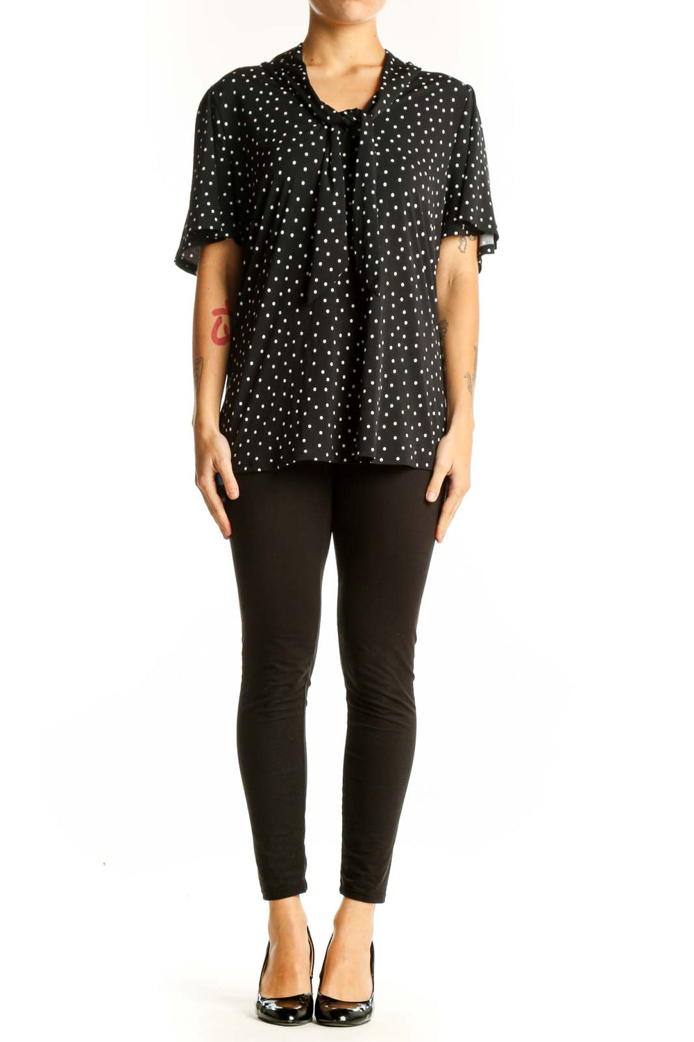 Front view of Beacon black polka dot blouse with V-neck tie