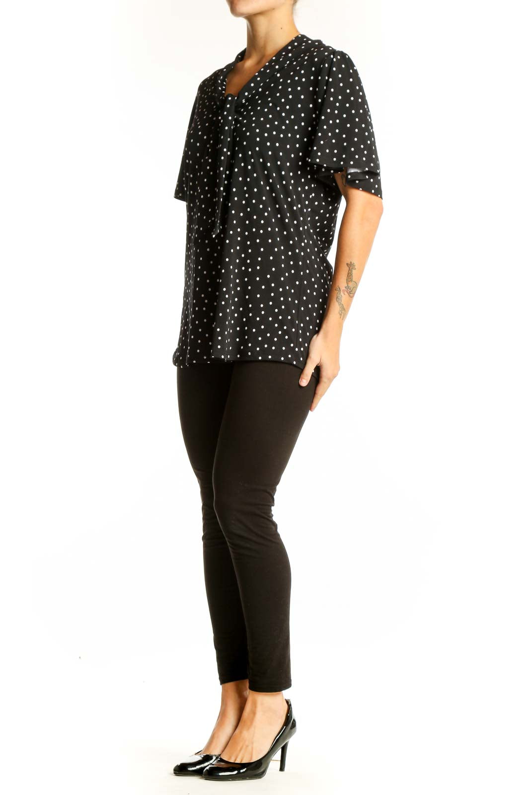 Front view of Beacon black polka dot blouse with V-neck tie