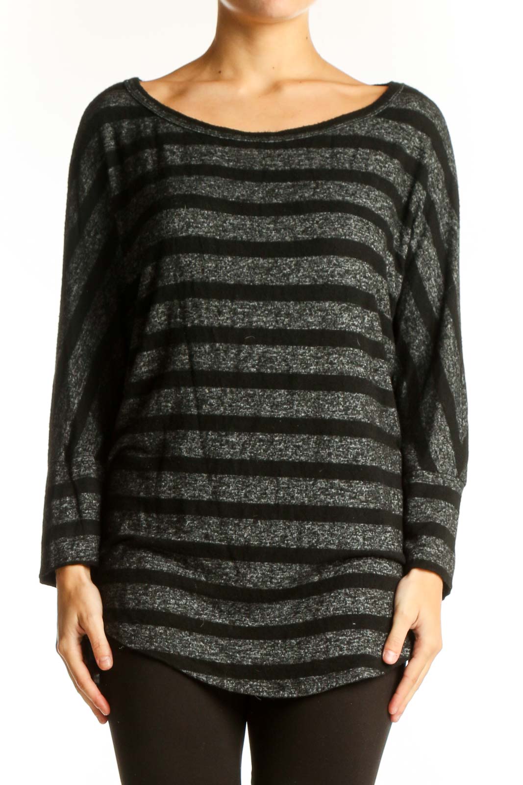 Front view of Mix by 41 Hawthorn Black Striped Long Sleeve Knit Top