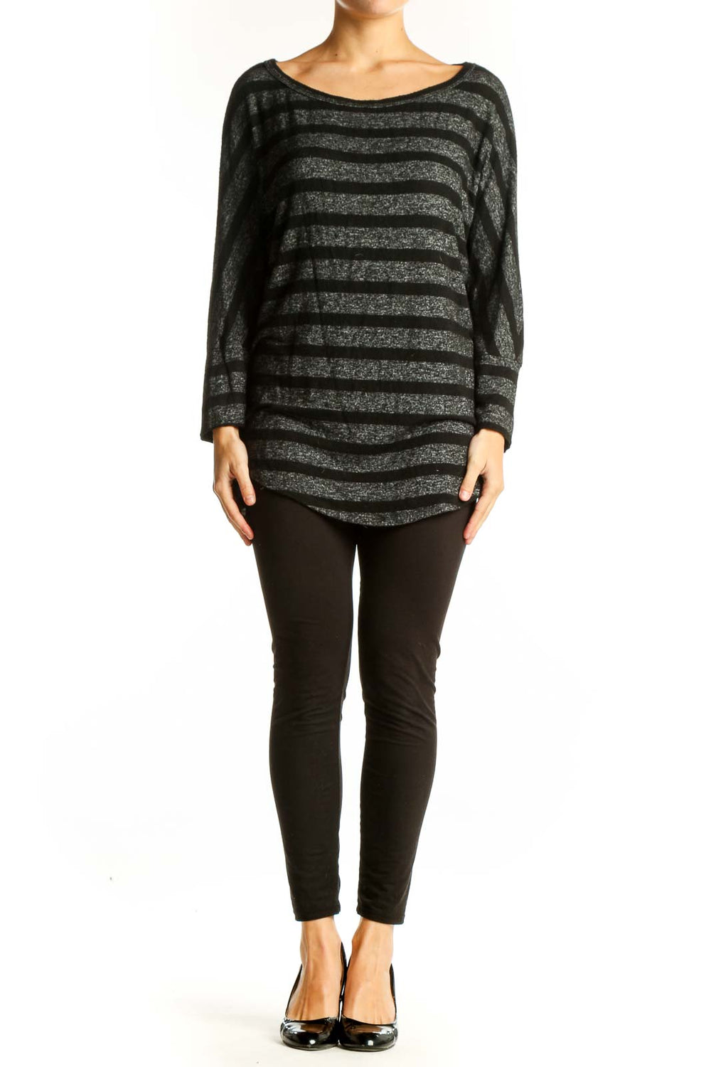 Front view of Mix by 41 Hawthorn Black Striped Long Sleeve Knit Top