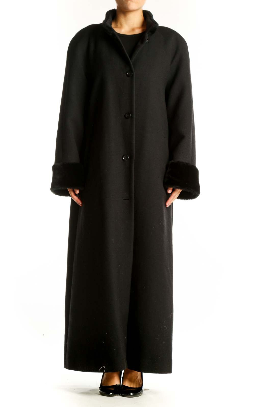 Front view of Harve Bernard black full-length coat with fur-like trim